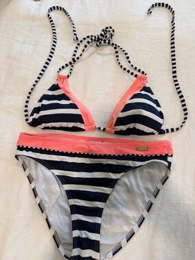 VENUS Navy and White Stripe Bikini with Coral Trim